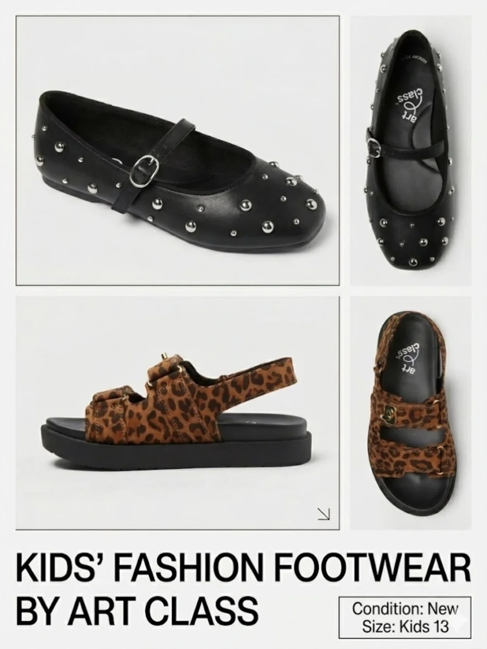 ✨ Art Class Kids Shoes Bundle Size 13 NWT Black Studded Flats & Leopard Sandals